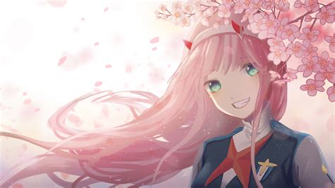 Darling In The Franxx Green Eyes Zero Two Near Pink Flowers Hd Anime