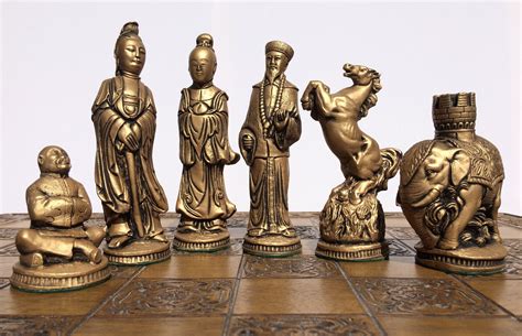 Oriental Chess Set Antique White And Soft Gold Effect Chess Pieces