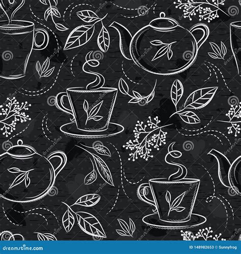 Seamless Patterns With Tea Set Cup Teapot Leafs Flower And Text On