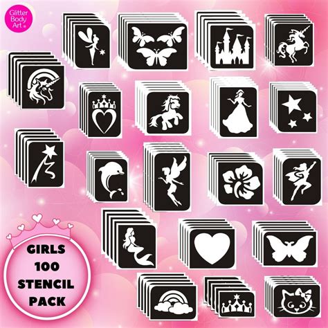 Girls Glitter Tattoo Stencil Pack 100 Temporary Tattoo Store
