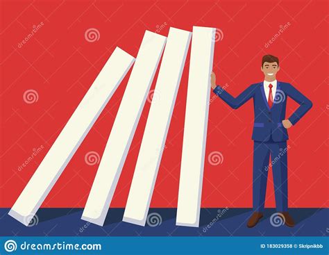 Smiling Businessman Stop Falling Domino Effect Vector Graphic