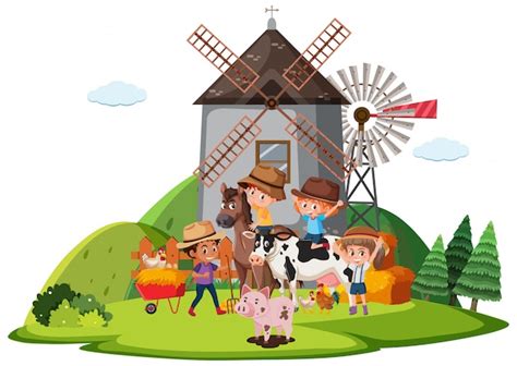 Premium Vector Farm Scene With Many Children And Animals On The Farm