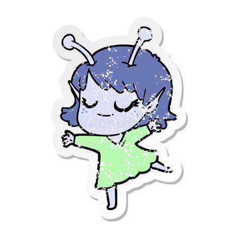 Distressed Sticker Of A Smiling Alien Girl Cartoon Dancing Stock Vector