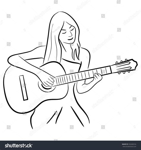 Girl Playing Guitar Linear Vector Drawing เวกเตอรสตอก ปลอดคา