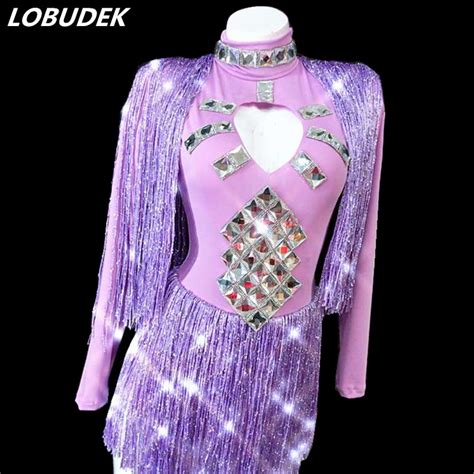 Buy Purple Tassels Bling Crystal Bodysuit Sexy