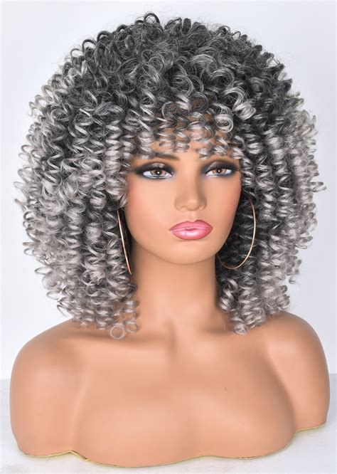 Short Curly Wig With Bnags For Black Women Ombre Grey Kinky Etsy