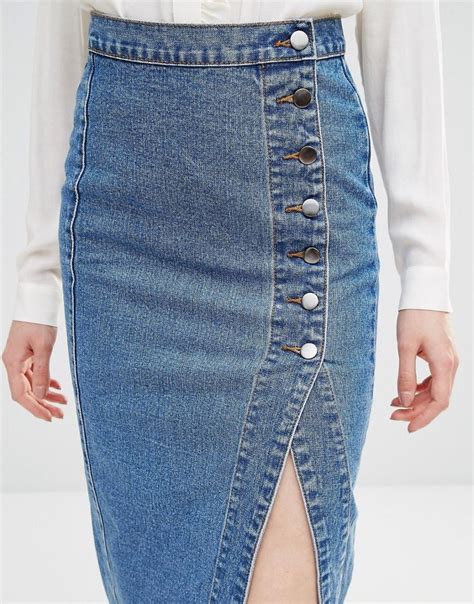 Lost Ink Denim Pencil Skirt With Side Button Detail At Denim Pencil Skirt Outfit