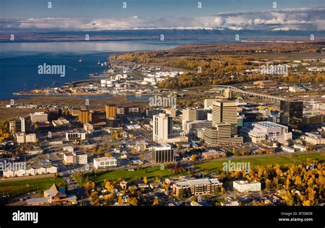 Aerial View Of The Anchorage Skyline Looking North Towards Knik Arm And