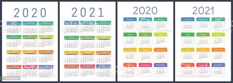 Ilustración De Calendario 2020 2021 Años Conjunto De Vectores Coloridos La Semana Comienza El