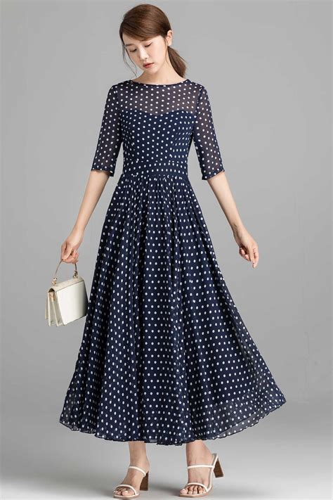 Blue And White Polka Dot Maxi Dress Fit And Flare Chiffon Etsy