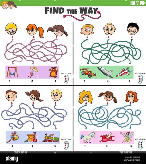 Cartoon Illustration Of Find The Way Maze Puzzle Games Set With Funny