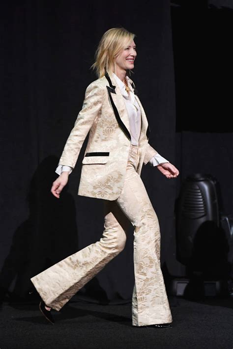 Blanchett's wardrobe for the film includes a lot of different takes on suiting, a lot of leather, and a lot of metallic shoes. Top 5 Suits Cate Blanchett Wore to Promote Ocean's 8 ...