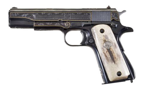 Engraved And Gold Inlaid Colt 1911a1 Semi Automatic Pistol Rock