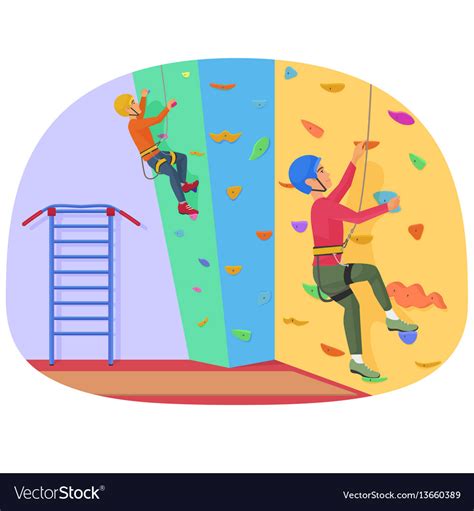 Two People Climbing On A Rock Climbing Wall Vector Image