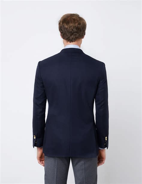 Wool Mens Double Breasted Blazer With Double Back Vent In Navy