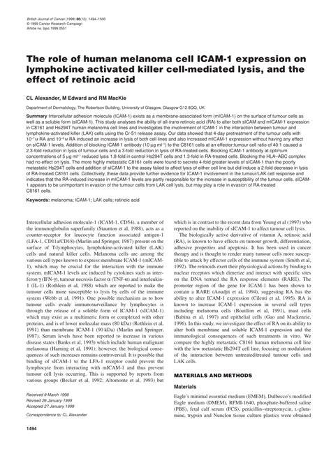 PDF The Role Of Human Melanoma Cell ICAM 1 Expression On Lymphokine