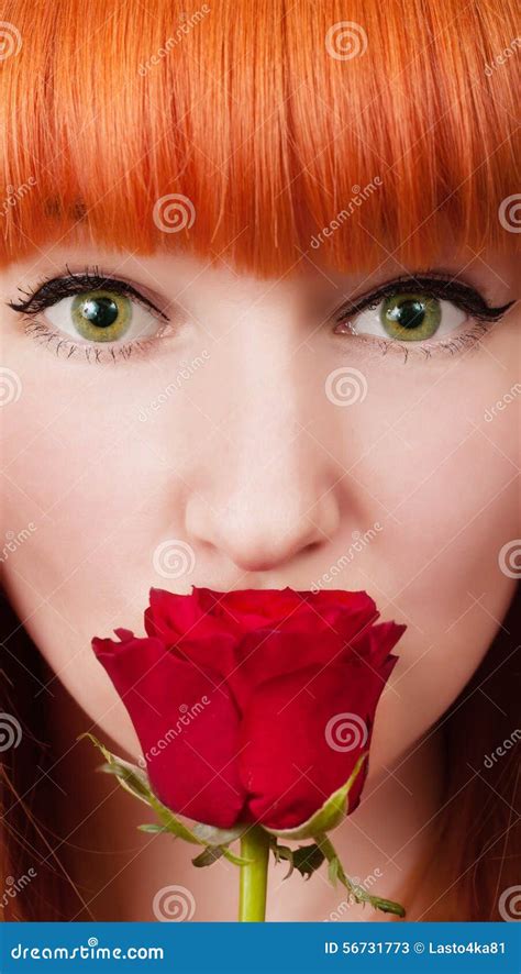 Red Haired Woman With A Rose On Her Mouth Stock Image Image Of Flower