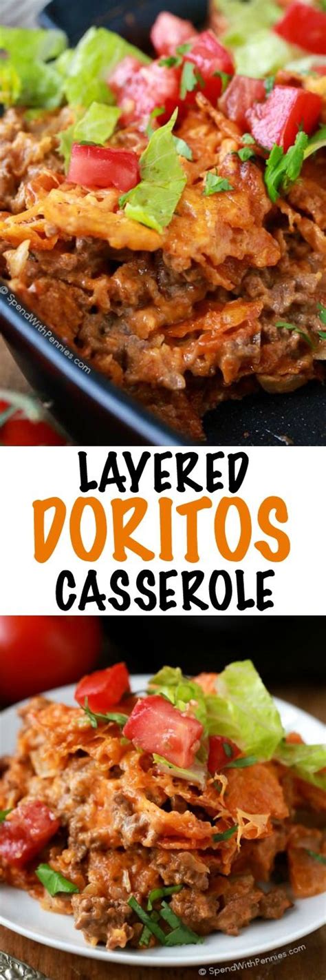 Roughly crush doritos into the base of the casserole dish. Layered Doritos Casserole! Layers of meat, a deliciously ...