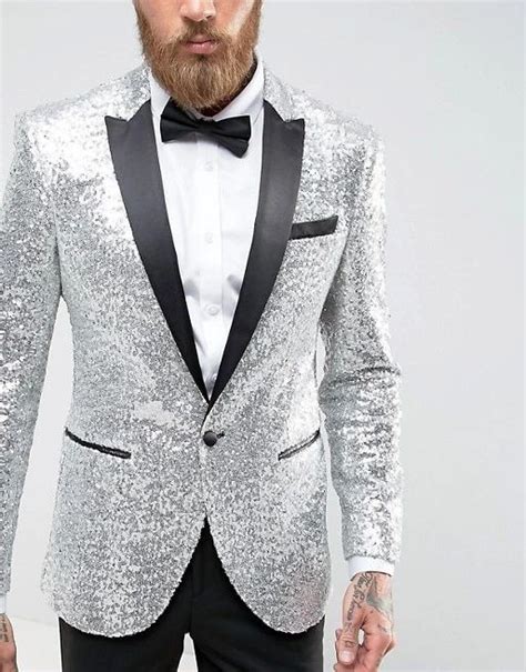 One Button Men Suits Silver And Black Groom Tuxedos Peak Satin Lapel G