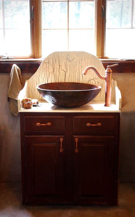 Vintage Brown Stained Wooden Vanities With Copper Vessel Sink And