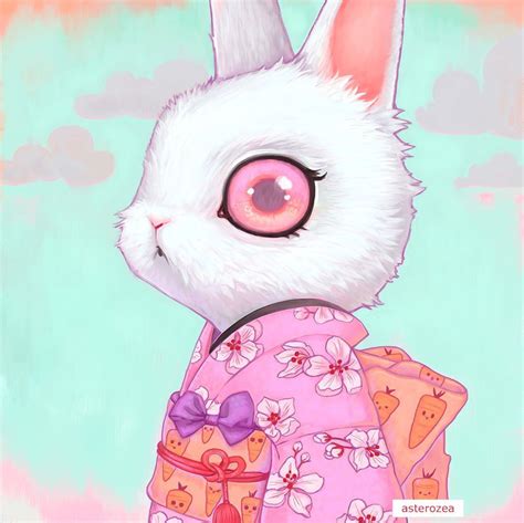 Kawaii Bunny Kimono Art Print Kawaii Pastel Big Eyes Art Etsy Bunny