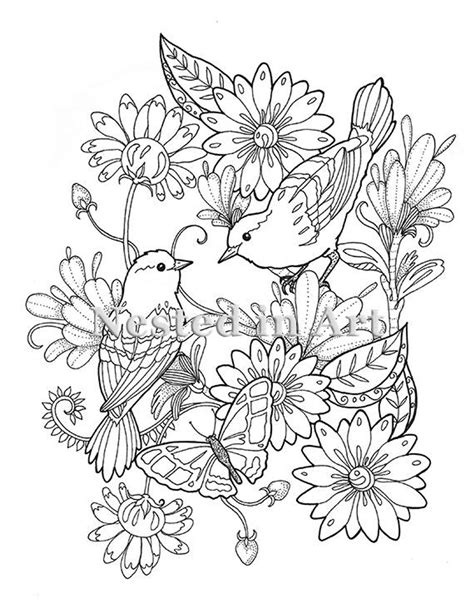 Adult Coloring Page 2 Birds And Butterfly Floral Design Etsy