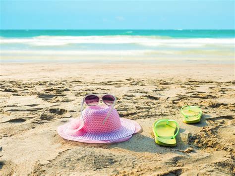 Hat Sunglass Flip Flop On Sand Beach Stock Image Image Of