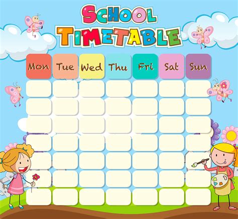 School Timetable Template With Children And Butterflies 684916 Vector
