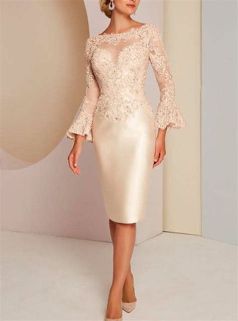 Sheath Column Bateau Neck Knee Length Lace Satin Mother Of The Bride Dress With Lace By Lan