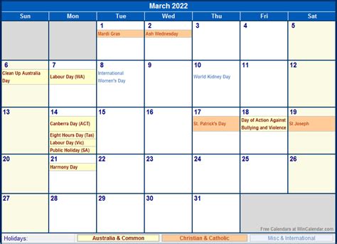 Year calendar 2022 printable free australia. March 2022 Australia Calendar with Holidays for printing ...