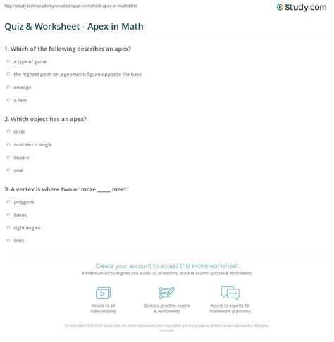 Quiz And Worksheet Apex In Math