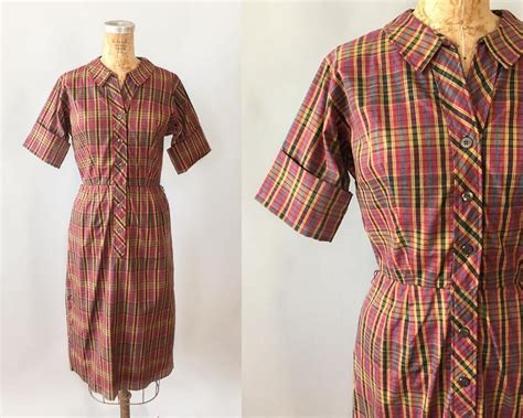 vintage 1960s 60s 50s burgundy fall madras plaid wiggle shirtdress small s 26 waist