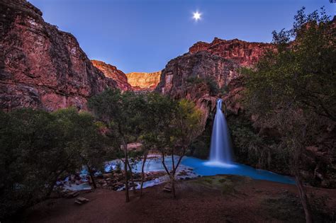 Arizona Waterfalls Nature Landscape Night Moon Hd Wallpaper