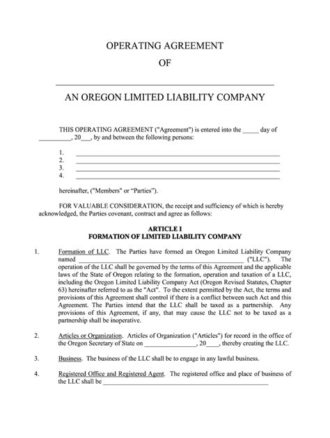 Llc Operating Agreement Oregon Fill Online Printable Fillable