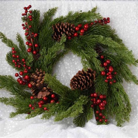 Lush Evergreen, Red Berry, and Pinecone Wreath | Christmas decorations, Holiday, Pinecone wreath