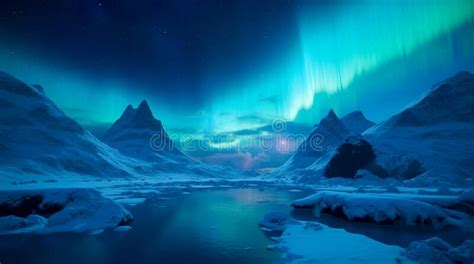 Aurora Borealis Green Northern Lights Above Mountains Night Sky With