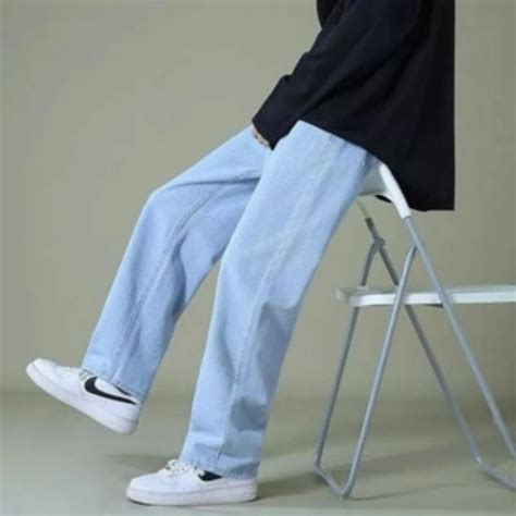 Jual Celana Jeans Pria Baggy Pants Korean Style Oversize Loose Blue Jeans Straight Kulot