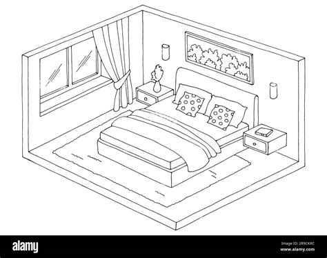 Bedroom Graphic Black White Home Interior Sketch Isolated Illustration