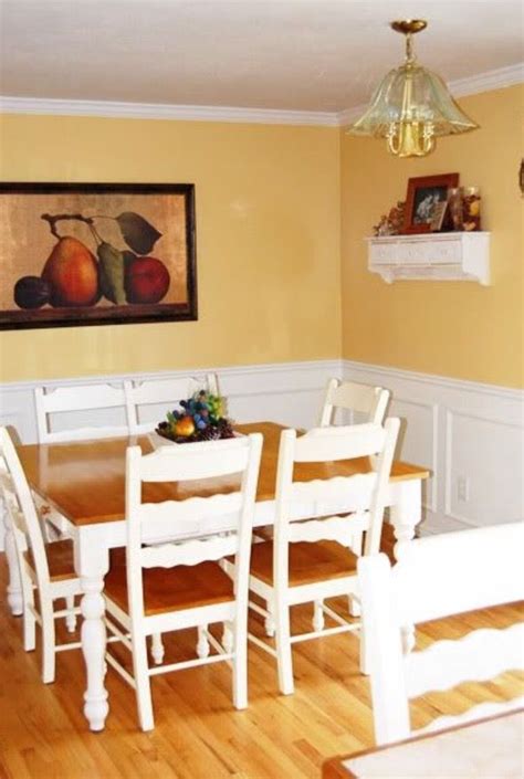 Wainscoting can be as elegant and formal as a raised panel, or a simple as a flat panel with a chair rail. Golden yellow above the chair rail is gorgeous in this ...