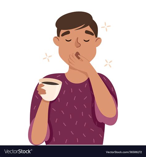 Sleepy Man With Cup Coffee Yawning Covering His Vector Image