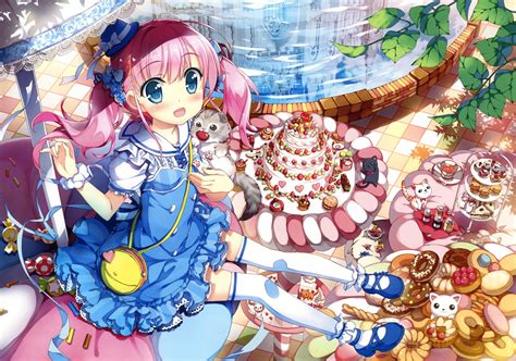 Anime Girls Sweets Original Characters Pink Hair Blue Eyes