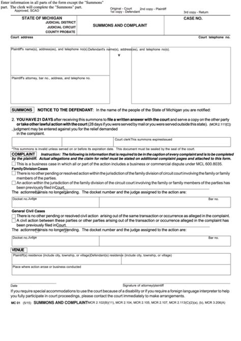 Why is there a 6 month waiting period for divorce. Fillable Summons And Complaint - Michigan Courts printable ...