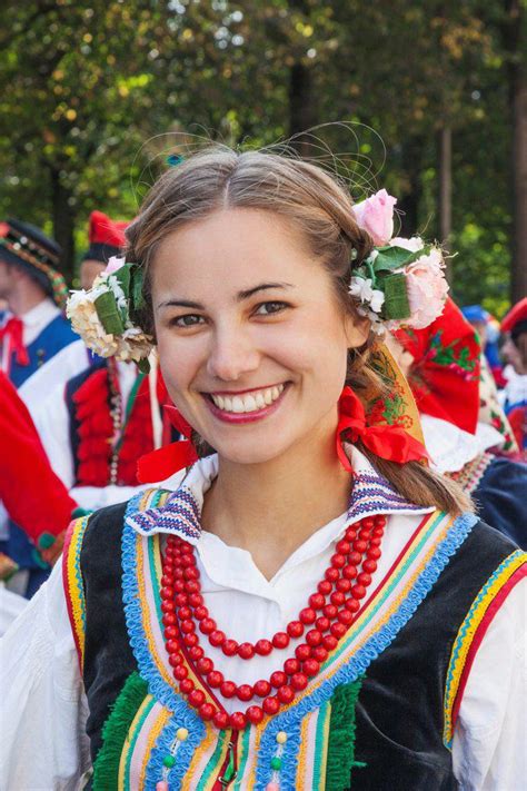 Woman Smiling In Traditional Polish National Costume Poland Stock