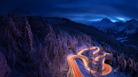 3840x2160 Time Lapse Photography Forest Landscape Mountain Night Road