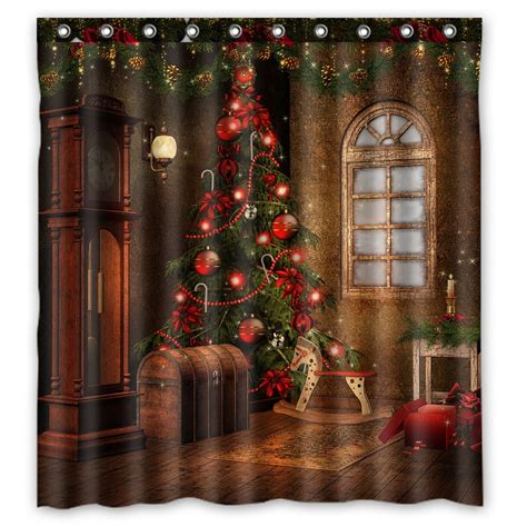 Phfzk Winter Holiday Shower Curtain Merry Christmas Tree Vintage Style