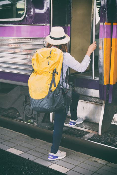 Traveler Girl With Backpack Walk Up The Train Alone Travel Journey By Train Stock Image Image