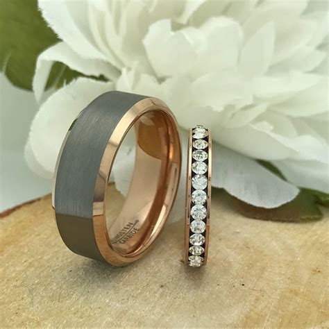8mm 3mm His Hers Tungsten Titanium Wedding Ring Set Personalized