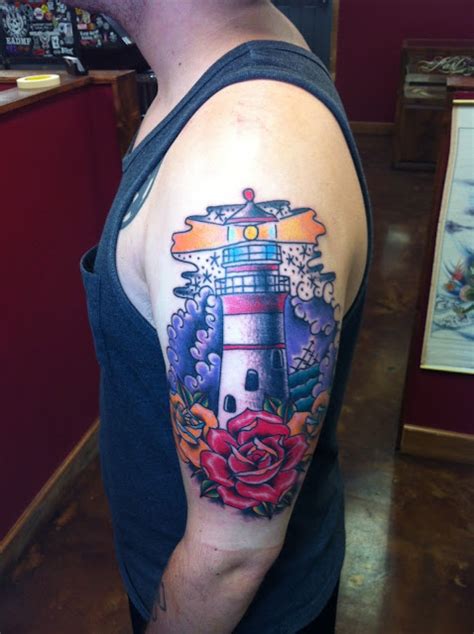 David Meek Tattoos Traditional Lighthouse And Roses Half Sleeve