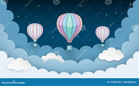 Hot Air Balloons Stars And Clouds On The Dark Night Sky Background