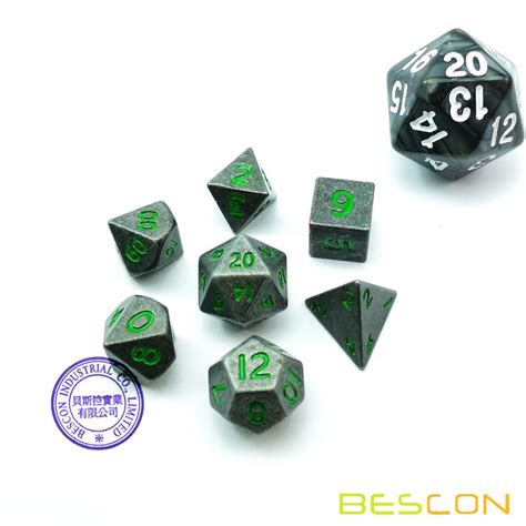 Bescon 10mm Mini Solid Metal Dice Set Rough Metallic Surface With Green